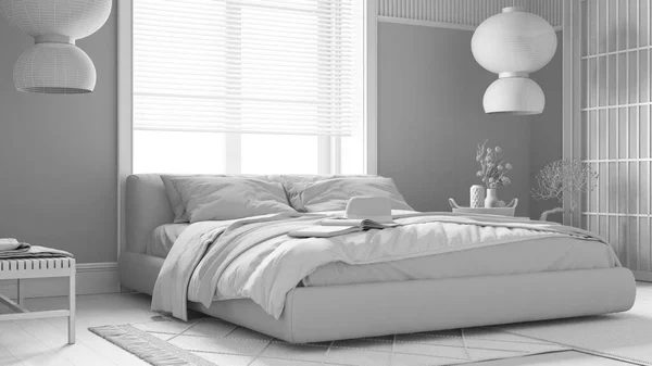 Totaler Weißer Projektentwurf Japanisches Schlafzimmer Mit Holzwänden Parkettboden Doppelbett Teppiche — Stockfoto