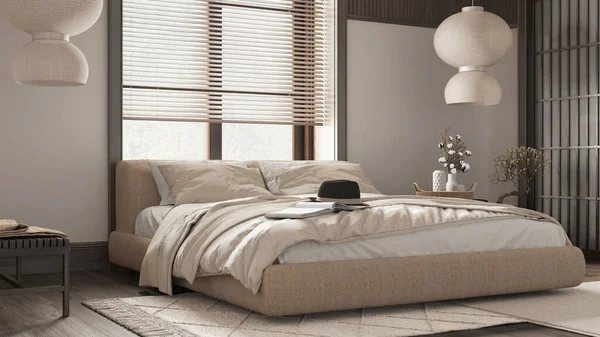 日本式卧房 墙纸和深色木墙 色调为白色和米黄色 花束地板 地毯和纸灯 日本室内设计 — 图库照片