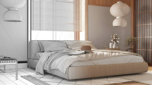 인테리어 디자이너 손으로 미완성 프로젝트는 실제의자 침실이 일본식 — 스톡 사진