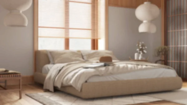 Unscharfer Hintergrund Japanisches Schlafzimmer Mit Holzwänden Parkettboden Doppelbett Teppiche Und — Stockfoto