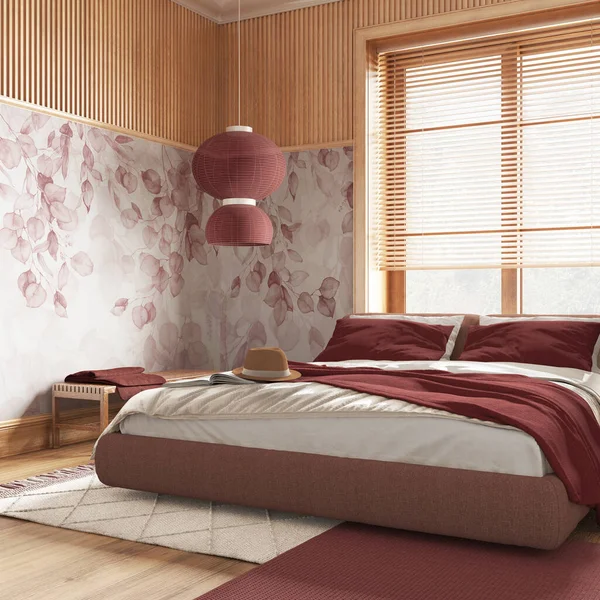 Farmhouse bedroom with wallpaper and wooden walls in red and beige tones. Parquet floor, master bed, carpets and decors. Contemporary interior design