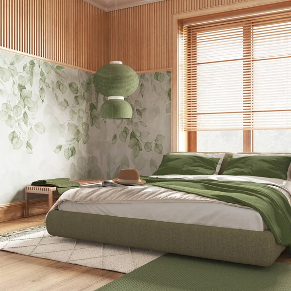 Спальня Фермерского Дома Обоями Деревянными Стенами Зеленых Бежевых Тонах Паркетный — стоковое фото