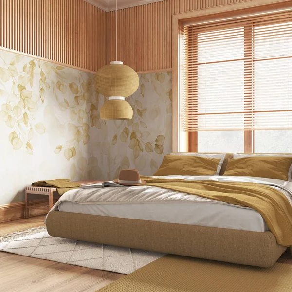 Farmhouse bedroom with wallpaper and wooden walls in yellow and beige tones. Parquet floor, master bed, carpets and decors. Contemporary interior design