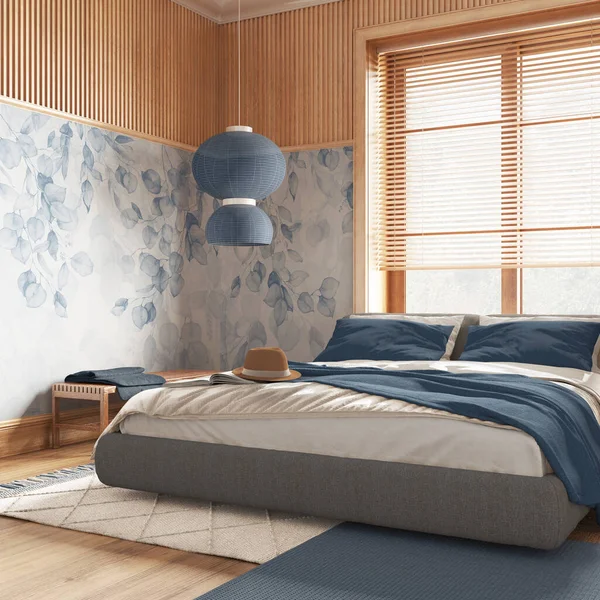 Farmhouse bedroom with wallpaper and wooden walls in blue and beige tones. Parquet floor, master bed, carpets and decors. Contemporary interior design