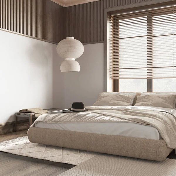 Bauernhaus Schlafzimmer Mit Dunklen Holzwänden Weißen Und Beigen Tönen Parkettboden — Stockfoto