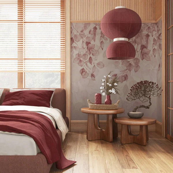 Japanese bedroom with wallpaper and wooden walls in red and beige tones. Parquet floor, master bed, carpets and decors. Minimal japandi interior design
