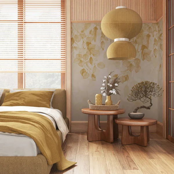 Japanese bedroom with wallpaper and wooden walls in yellow and beige tones. Parquet floor, master bed, carpets and decors. Minimal japandi interior design