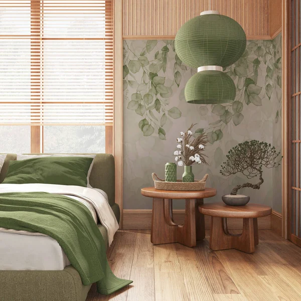 Japanese bedroom with wallpaper and wooden walls in green and beige tones. Parquet floor, master bed, carpets and decors. Minimal japandi interior design