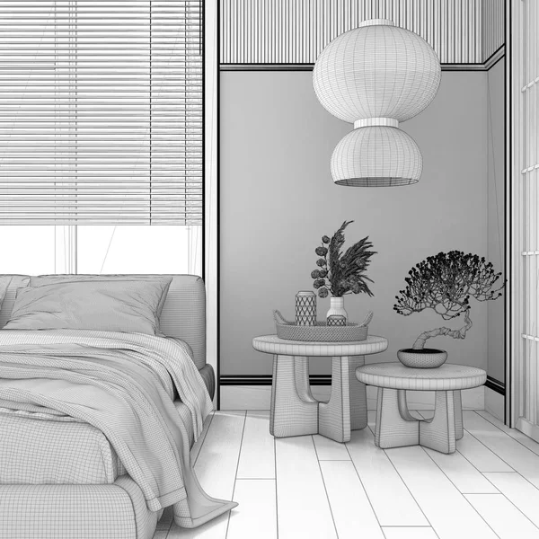 未完成の青写真プロジェクトの草案 木製の壁を持つ日本の寝室 寄木細工の床 マスターベッド カーペットや装飾 ミニマルなジャパンディインテリアデザイン — ストック写真