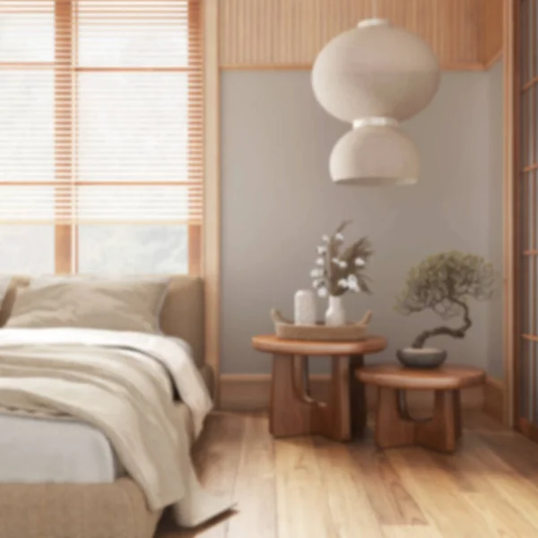 背景には 木製の壁を持つ日本の寝室がぼやけている 寄木細工の床 マスターベッド カーペットや装飾 ミニマルなジャパンディインテリアデザイン — ストック写真