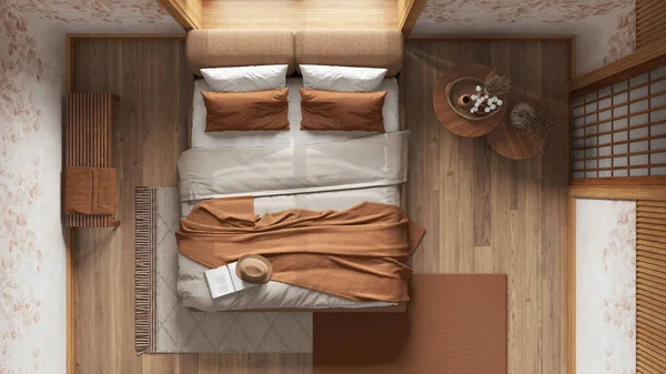 Japandi bedroom with wallpaper and wooden walls in orange and beige tones. Parquet, master bed, carpets and decors. Japanese interior design. Top view, plan, above