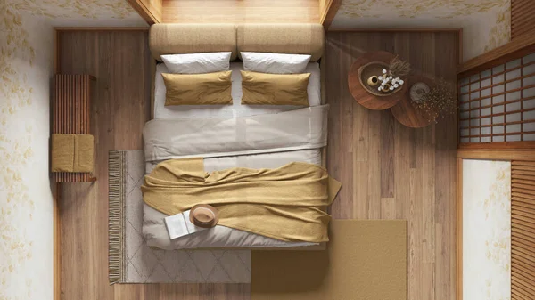 Japandi bedroom with wallpaper and wooden walls in yellow and beige tones. Parquet, master bed, carpets and decors. Japanese interior design. Top view, plan, above