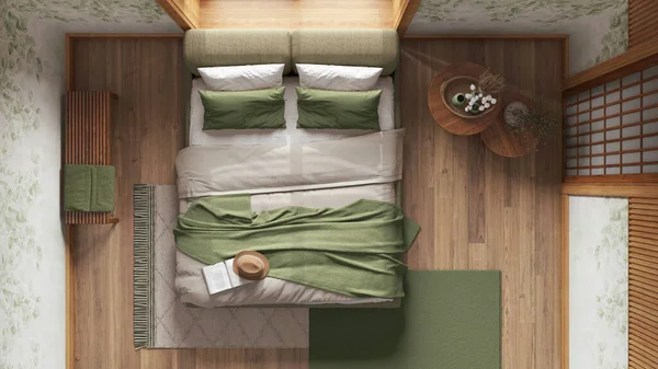 Спальня Japandi Обоями Деревянными Стенами Зеленых Бежевых Тонах Паркет Мастер — стоковое фото