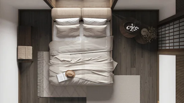 日本的卧室 有深色的木制墙壁 地毯和装饰 日本室内设计 顶部视图 — 图库照片