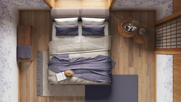 Japandi bedroom with wallpaper and wooden walls in purple and beige tones. Parquet, master bed, carpets and decors. Japanese interior design. Top view, plan, above