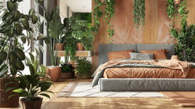 Urban jungle, minimalist bedroom in orange and wooden tones. Close-up, bed, parquet floor and many houseplants. Home garden interior design. Biophilia concept clipart