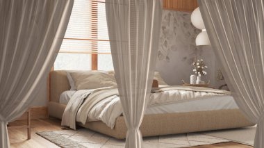 White openings curtains overlay japandi bedroom, interior design background, front view, clipping path, vertical folds, soft tulle textile texture, stage concept with copy space