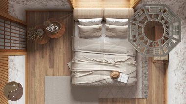 Feng shui danışmanlık ile iç tasarım projesi, modern çiftlik evi japandi yatak odası, bagua ve tao sembolü, yin ve yang polaritesi, monogram konsept geçmişi, üst görünüm