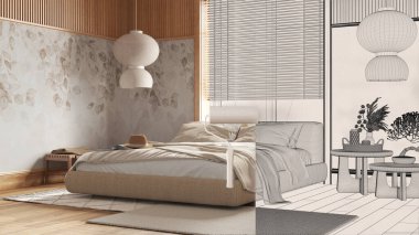 Mekan Japonya 'nın yatak odasını gösterirken, paten kayan iç tasarım tasarım taslağı çizimi. Önce ve sonra, mimar tasarımcı yaratıcı iş akışı