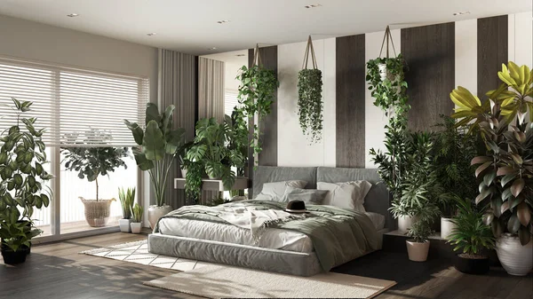 Urban jungle, modern bedroom in white and dark wooden tones. Bed, parquet floor and big window, many houseplants. Home garden interior design. Biophilia concept