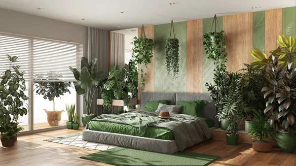 Urban jungle, modern bedroom in green and wooden tones. Bed, parquet floor and big window, many houseplants. Home garden interior design. Biophilia concept