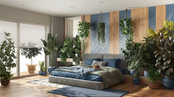 Urban jungle, modern bedroom in blue and wooden tones. Bed, parquet floor and big window, many houseplants. Home garden interior design. Biophilia concept