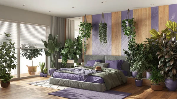 Şehir Ormanı Mor Ahşap Tonlarda Modern Yatak Odası Yatak Parke — Stok fotoğraf