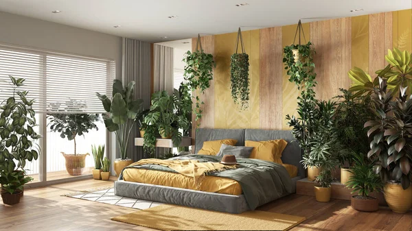 都会のジャングル 黄色と木製のトーンでモダンなベッドルーム ベッド 寄木細工の床と大きな窓 多くの観葉植物 ホームガーデンインテリアデザイン バイオフィリアの概念 — ストック写真