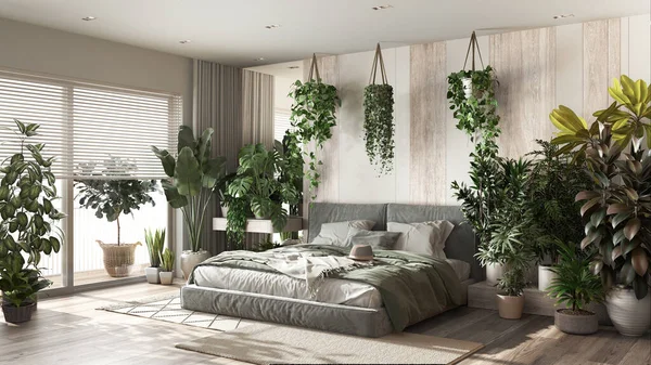 都会のジャングル 白と漂白された木製の色調のモダンなベッドルーム ベッド 寄木細工の床と大きな窓 多くの観葉植物 ホームガーデンインテリアデザイン バイオフィリアの概念 — ストック写真