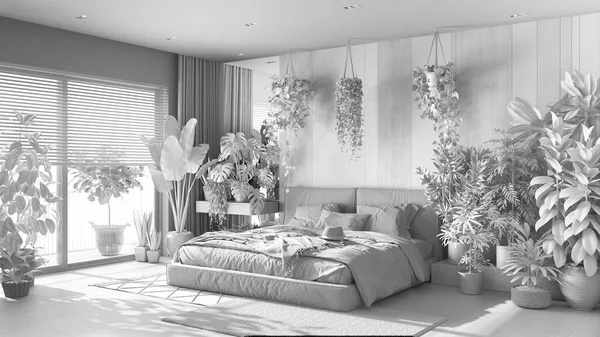 総白のプロジェクトの草案 都市のジャングル 現代の寝室 ベッド 寄木細工の床と大きな窓 多くの観葉植物 ホームガーデンインテリアデザイン バイオフィリアの概念 — ストック写真