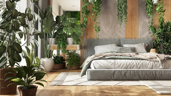 Şehir Ormanı Minimalist Yatak Odası Beyaz Ahşap Tonlarda Yakın Plan — Stok fotoğraf
