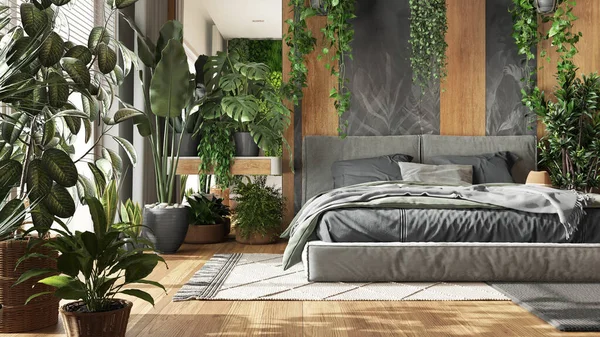 城市丛林中 简约的卧室灰色和木制色调 特写镜头 花篮地板和许多室内植物 家庭花园室内设计 生物癖概念 — 图库照片