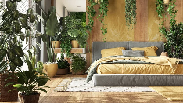 Urban jungle, minimalist bedroom in yellow and wooden tones. Close-up, bed, parquet floor and many houseplants. Home garden interior design. Biophilia concept