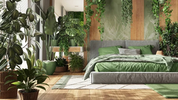 Urban jungle, minimalist bedroom in green and wooden tones. Close-up, bed, parquet floor and many houseplants. Home garden interior design. Biophilia concept