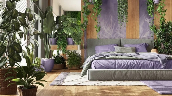 Şehir Ormanı Minimalist Yatak Odası Mor Ahşap Tonlarda Yakın Plan — Stok fotoğraf