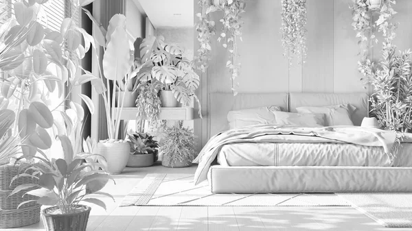 Proyecto Blanco Total Jungla Urbana Dormitorio Minimalista Primer Plano Cama —  Fotos de Stock