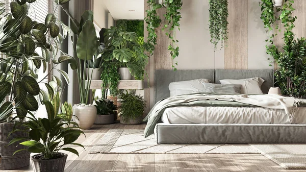 Urban jungle, minimalist bedroom in white and bleached wooden tones. Close-up, bed, parquet floor and many houseplants. Home garden interior design. Biophilia concept