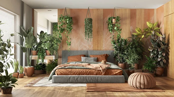 Selva Urbana Dormitorio Moderno Tonos Naranja Madera Cama Principal Suelo —  Fotos de Stock