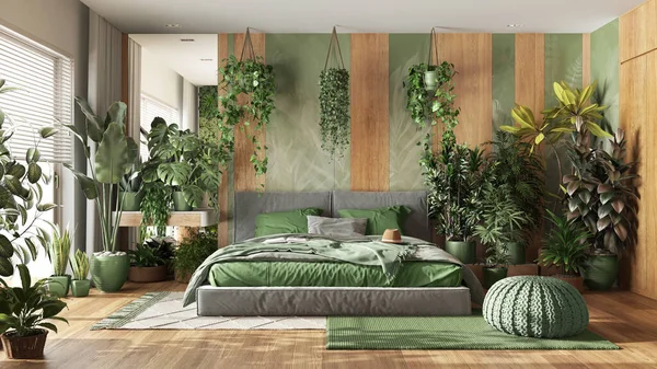都市丛林中 现代卧房绿木色调 花束地板和装饰 室内植物 家庭花园室内设计 爱恋植物的概念 — 图库照片