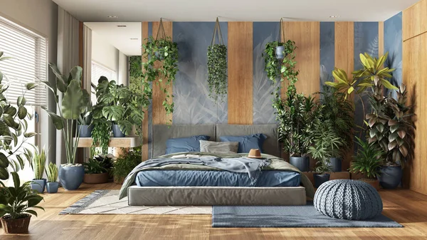 Urban jungle, modern bedroom in blue and wooden tones. Master bed, parquet floor and decors, houseplants. Home garden interior design. Love for plants concept