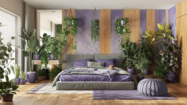 都市丛林 现代卧房紫木色调 花束地板和装饰 室内植物 家庭花园室内设计 爱恋植物的概念 — 图库照片