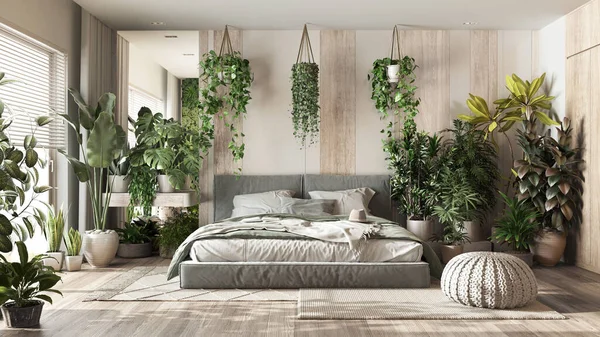 Urban jungle, modern bedroom in white and bleached wooden tones. Master bed, parquet floor and decors, houseplants. Home garden interior design. Love for plants concept