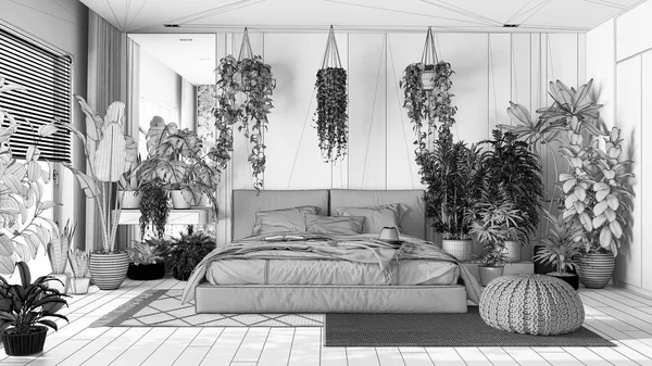 蓝图未完成的项目草稿 城市丛林 现代卧室 花束地板和装饰 室内植物 家庭花园室内设计 爱恋植物的概念 — 图库照片