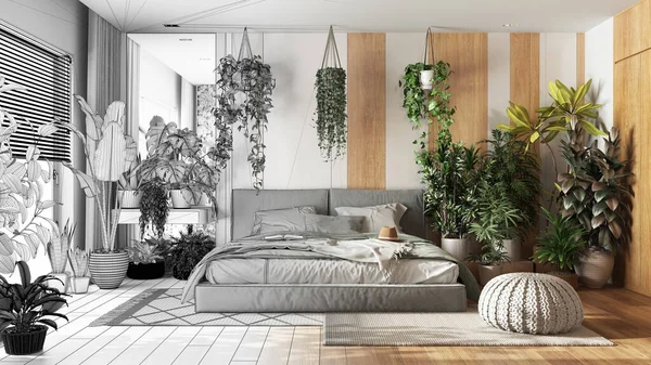 인테리어 디자이너 도시의 침실이 손으로 미완성 프로젝트 마스터 응접실 그리고 — 스톡 사진