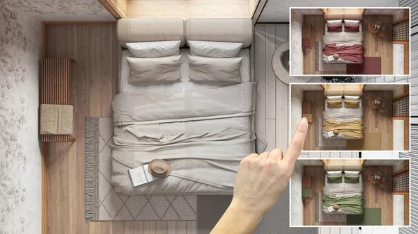 建築家のデザイナーコンセプト ベッド付きの日本の寝室を示す手 異なるオプションの色 上のビュー インテリアデザインプロジェクトの草案 カラーピッカー 材料サンプル — ストック写真