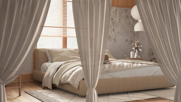 Beyaz Perdeler Japandi Yatak Odasını Tasarım Arka Planını Görünümü Kırpma — Stok fotoğraf