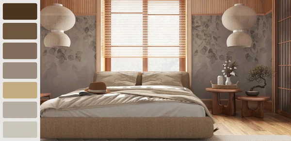 Interior design scene with palette color. Different colors and patterns. Architect and designer concept idea. Japandi wooden bedroom with big window