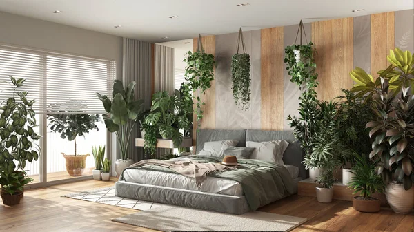 Şehir Ormanı Beyaz Ahşap Tonlarda Modern Yatak Odası Yatak Parke — Stok fotoğraf