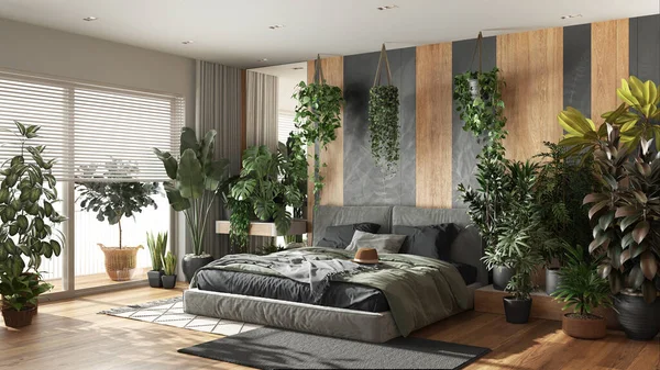 都市丛林 现代卧房灰色和木制色调 花束地板和大窗户 许多家庭植物 家庭花园室内设计 生物癖概念 — 图库照片