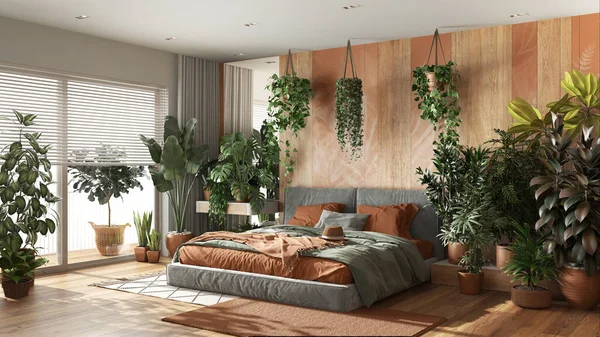 Şehir Ormanı Turuncu Ahşap Tonlarda Modern Yatak Odası Yatak Parke — Stok fotoğraf